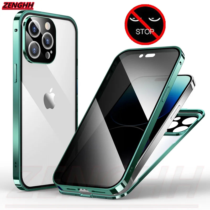 Double Glass Antipeep Privacy Magnetic Adsorption Case for Iphone 15 14 13 12 Pro Max 15Plus with Camera Lens Protection Cover