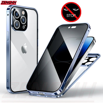 Double Glass Antipeep Privacy Magnetic Adsorption Case for Iphone 15 14 13 12 Pro Max 15Plus with Camera Lens Protection Cover