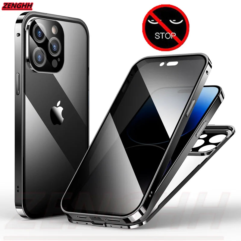 Double Glass Antipeep Privacy Magnetic Adsorption Case for Iphone 15 14 13 12 Pro Max 15Plus with Camera Lens Protection Cover