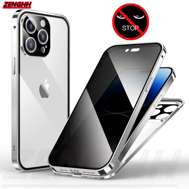 Double Glass Antipeep Privacy Magnetic Adsorption Case for Iphone 15 14 13 12 Pro Max 15Plus with Camera Lens Protection Cover