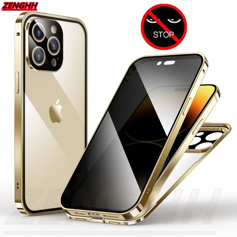 Double Glass Antipeep Privacy Magnetic Adsorption Case for Iphone 15 14 13 12 Pro Max 15Plus with Camera Lens Protection Cover